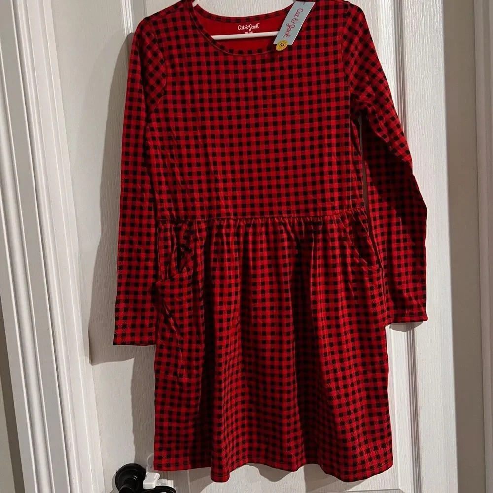 Cat‎ & Jack Youth Girls' Red Black Plaid Printed Long Sleeve Dress Size XXL NWT